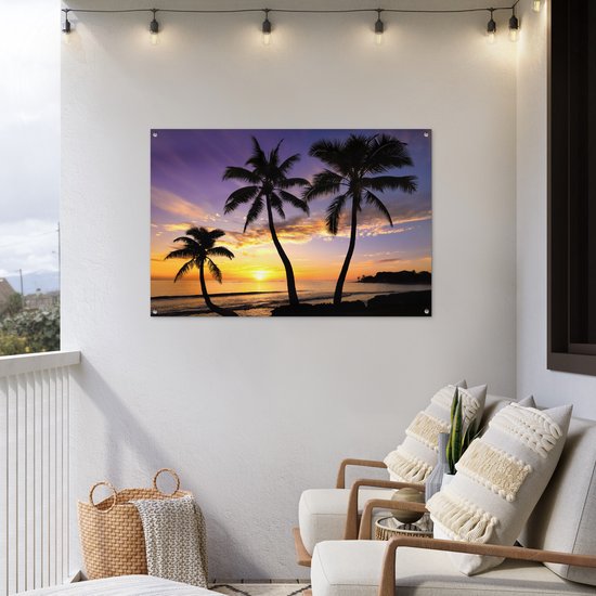 Affiche de jardin - Toile de jardin - Posters de jardin extérieur - Plage - Coucher de soleil - Palmiers - Tropical - 120x80 cm - Jardin