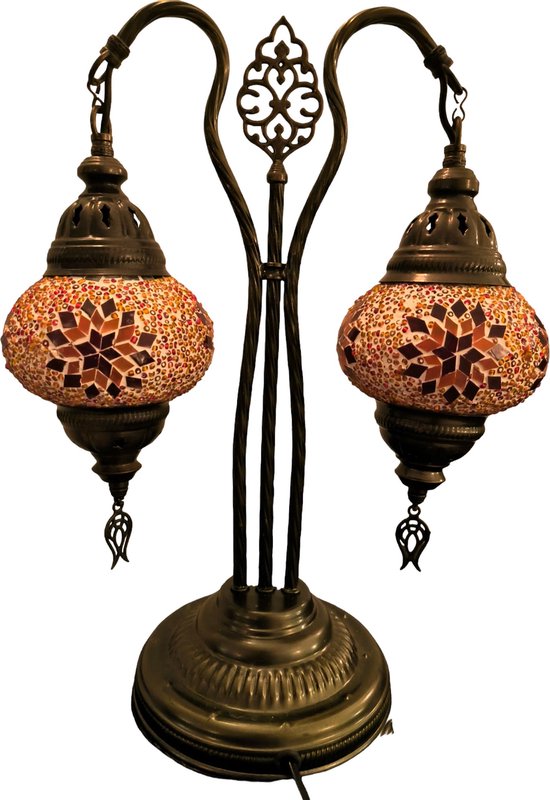 Baquey - Mozaïeken lampen - Tafellamp - Handgemaakt - Oosters - Bohemian - Mosaic - Decoratie - Cadeau artikel - Dubbele Lamp - Red/ Orange Flake