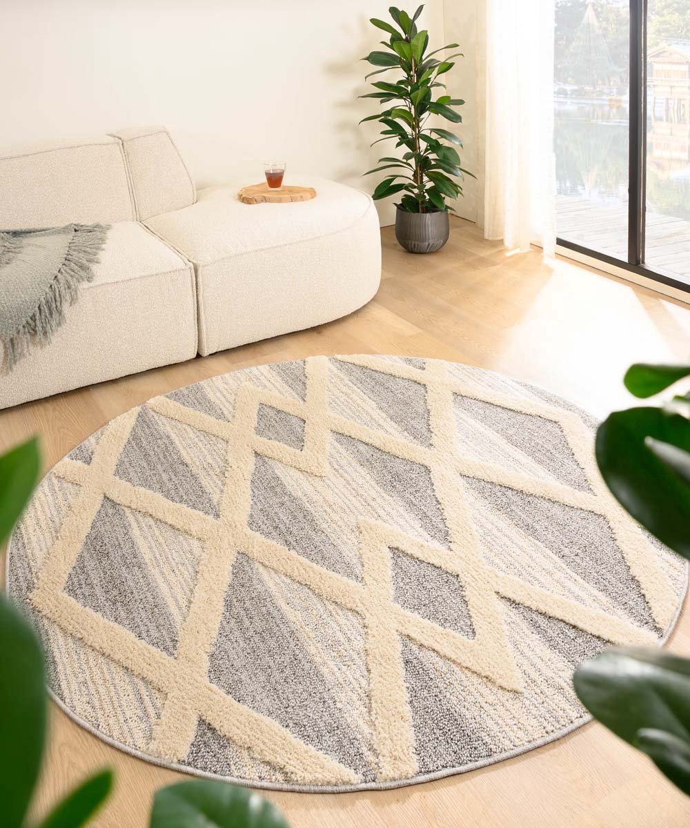 Tapeso Scandinavisch vloerkleed rond - Fjord Farger grijs/crème 120