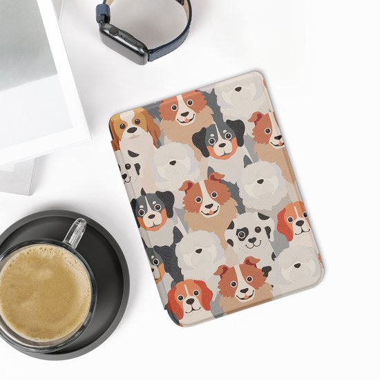 kwmobile e-reader hoesje geschikt voor Kobo Clara 2E hoes - E reader flip case met magnetische sluiting - Ereader cover - Honden Ontwerp design in wit / lichtbruin / grijs van kwmobile — afbeelding 2