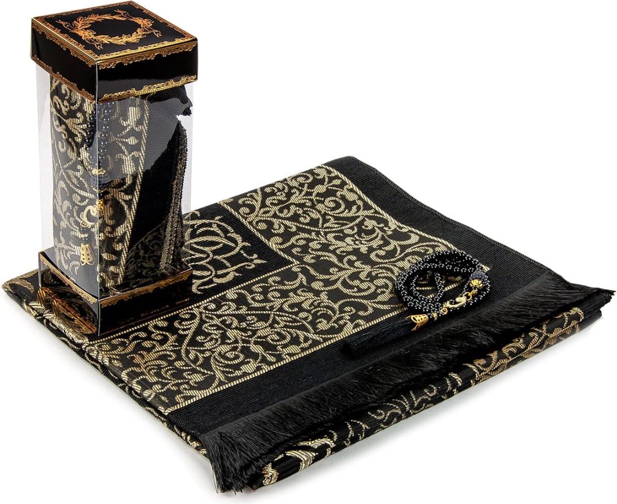 Gebedskleed Islam - Zwarte Taffeta Islamitische Gebedsset - Gebedskleed en Gebedskralen in Elegante Geschenkdoos