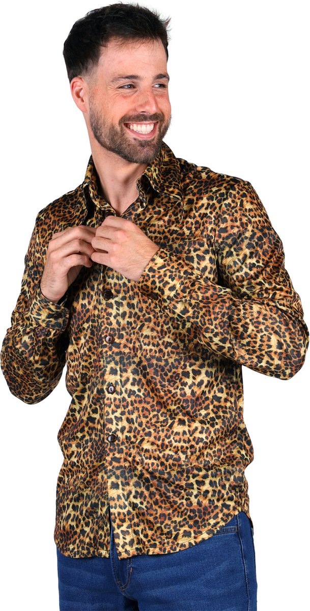 Thetru Overhemd Panter Heren - Foute Party - Bruin - Dieren Shirt - Maat XXXL