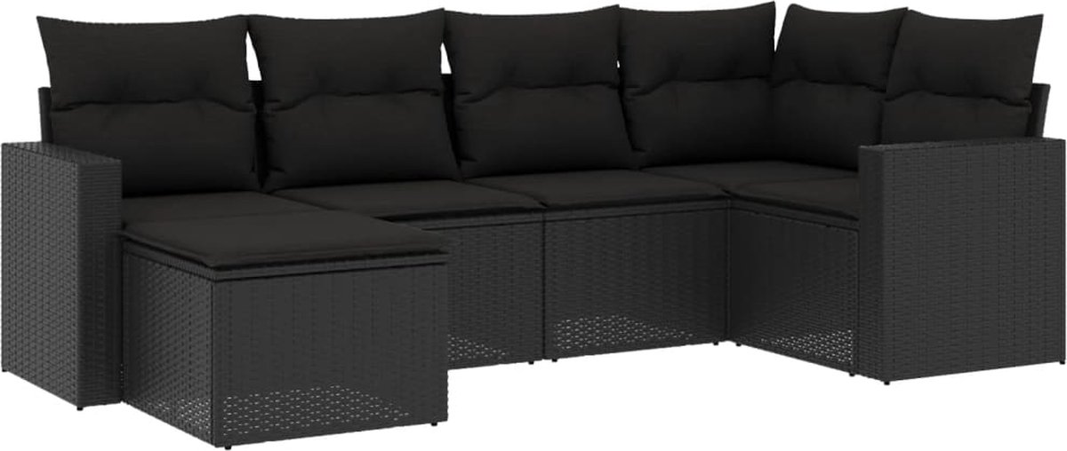 vidaXL 6-delige - Loungeset - met - kussens - poly - rattan - zwart