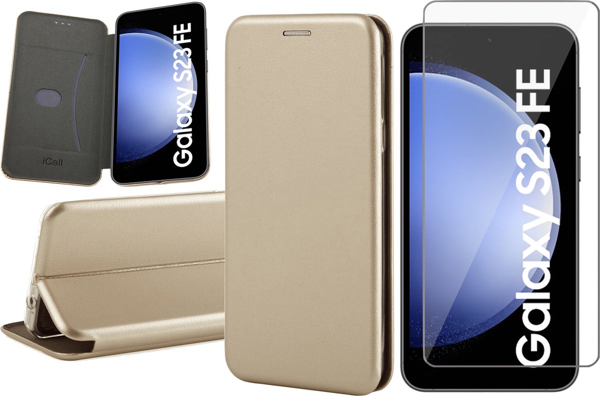 Hoesje geschikt voor Samsung Galaxy S23 FE - Screenprotector Glas - Wallet Book Case Goud