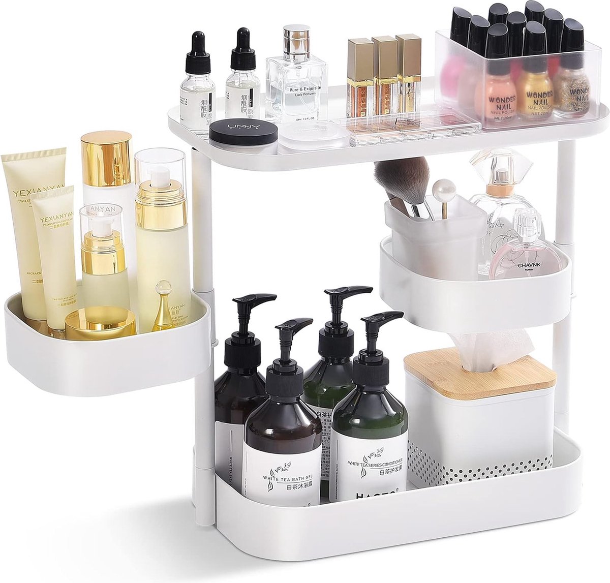 Cosmetica-organizer, 360 graden draaibaar, make-uptafel-organizer, 3-etages, metalen make-up-organizer, cosmetica-organizer voor dressoir, slaapkamer, badkamer, keuken, wit