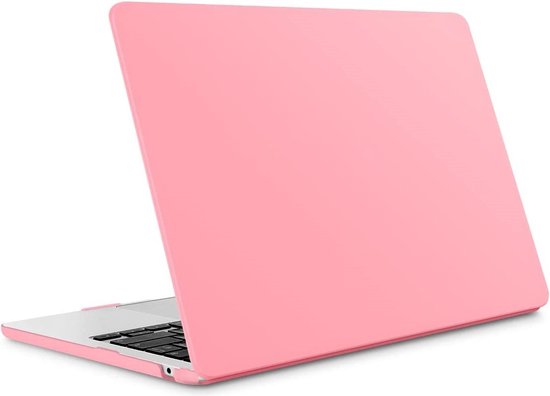 Housse d'ordinateur portable rose, partiellement fermée, avec le clavier visible.