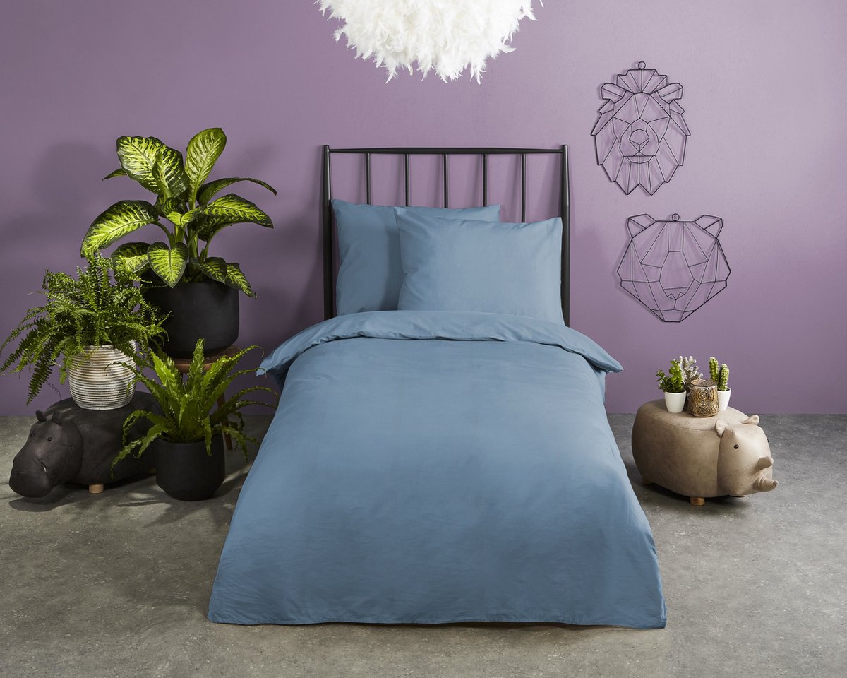 HIP dekbedovertrek effen kleur - 1 persoons 140x200/220 cm - Blauw - 100% Katoen satijn