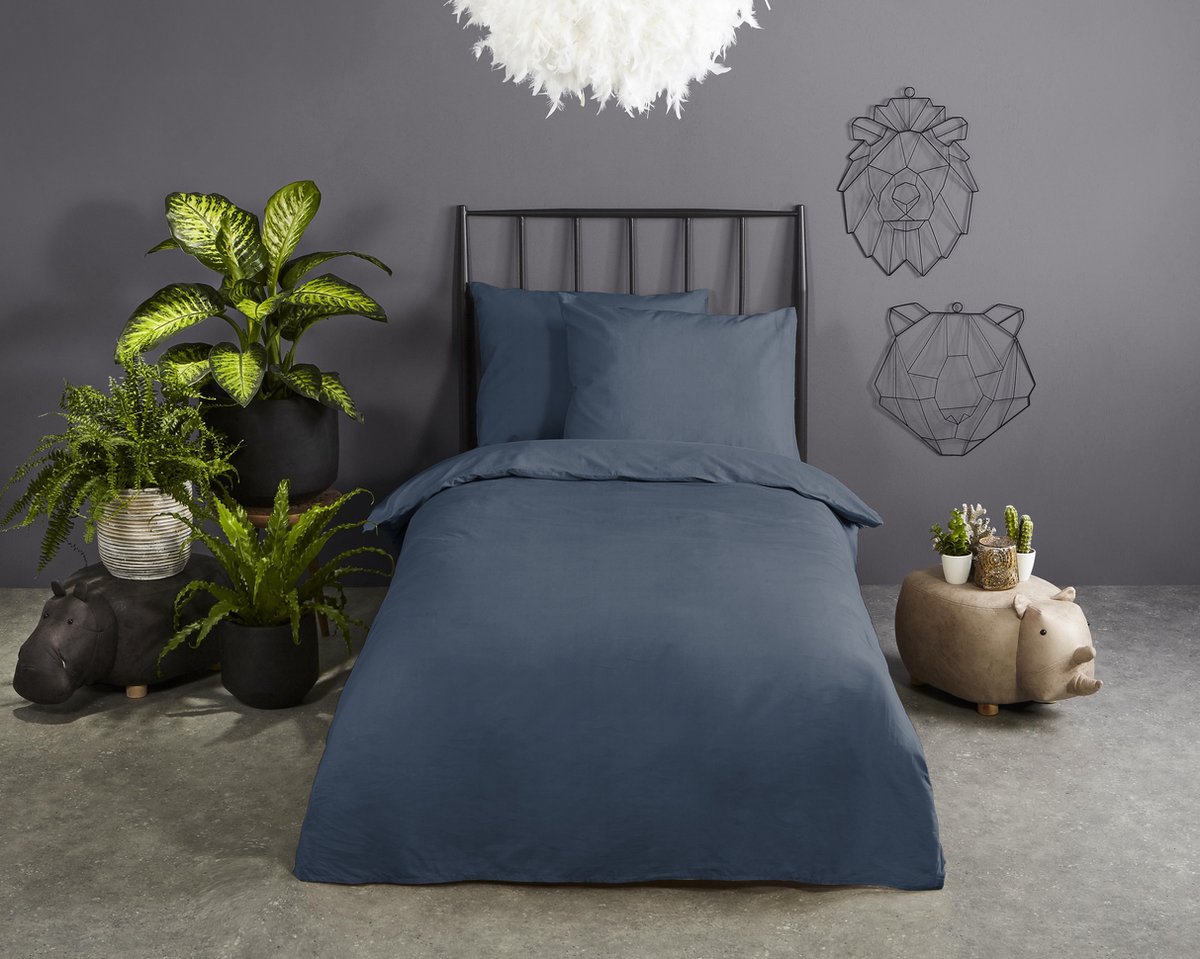 Good Morning dekbedovertrek effen kleur - 1 persoons 140x200/220 cm - Denim - 100% Katoen renforce