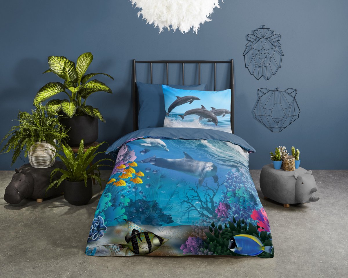 Good Morning dekbedovertrek dolfijnen - 1 persoons 140x200/220 cm - Blauw - 100% Katoen renforce
