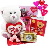 Lieve Cadeau LOVE Knuffel - Ferrero Rocher Chocolade - Verjaardag geschenk - Valentijn Cadeau Teddybeer 29 cm - Hart Balonnen set 16 pcs
