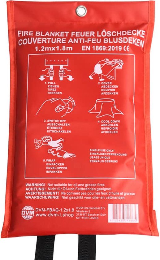 DVM International Professionele Blusdeken 1,2x1,8m – Geschikt voor Personen & Dieren – Brandklasse A, B, C & F – CE & EN 1869:2019 – 550°C – 10 Jaar Garantie