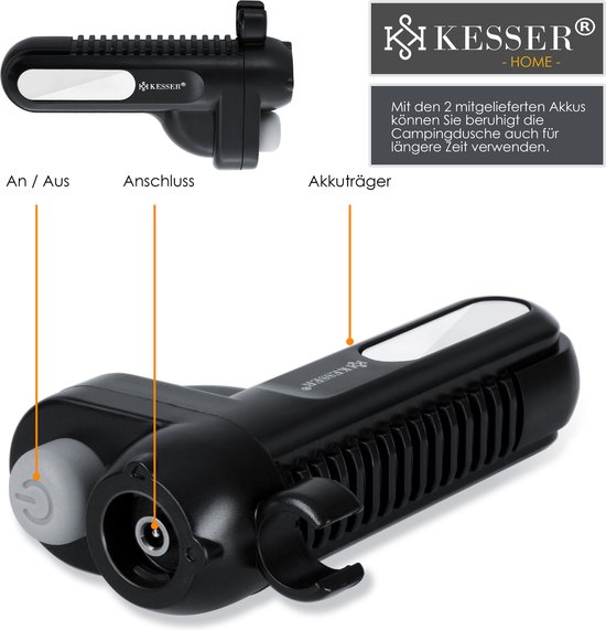 KESSER Campingdouche X-Gear | Met 8000 MAh Accu & Pomp | 20L Waterreservoir | Smart Display | IPX8 Waterdicht | 10-traps Drukregeling