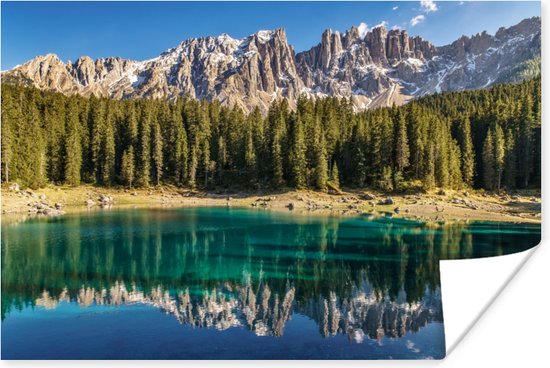 Dolomieten Lago Carezza Italië Poster 150x75 cm - Foto print op Poster (wanddecoratie)