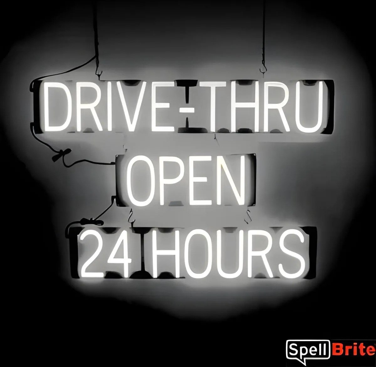 DRIVE-THRU OPEN 24 HOURS - Lichtreclame Neon LED bord verlicht | SpellBrite | 89 x 60 cm | 6 Dimstanden - 8 Lichtanimaties | Reclamebord neon verlichting