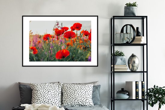 Fotolijst incl. Poster - Klaproos - Bloemen - Rood - Paars - Weide - 120x80 cm - Posterlijst