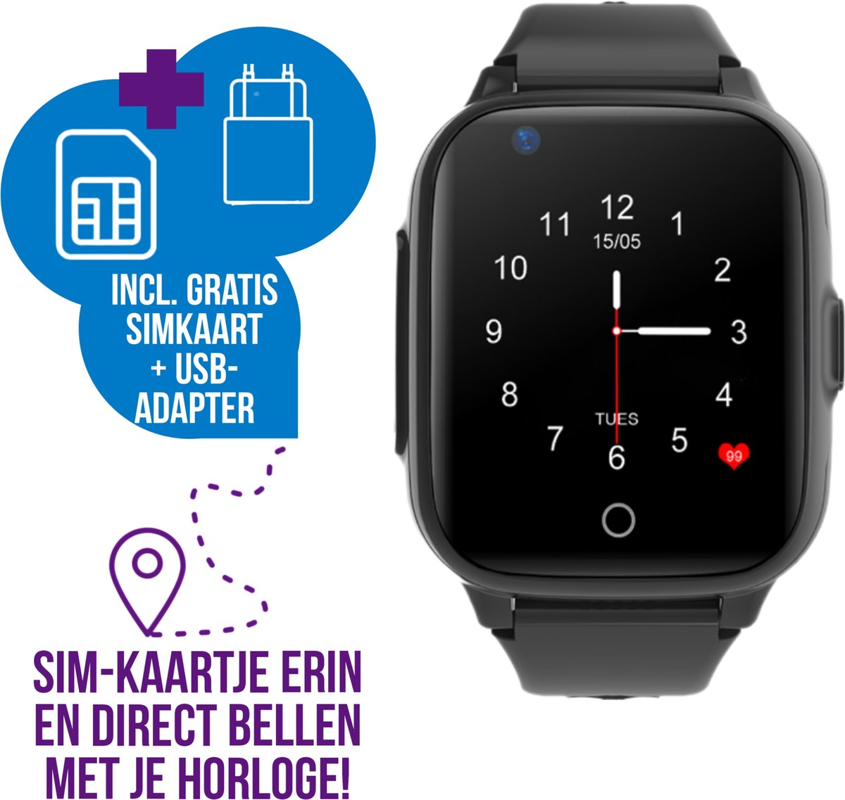 Wiesba WB36 - smartwatch kinderen - gps horloge kind - kinderhorloge bellen - gps tracker kinderhorloge - kinderhorloge met gps - kinderhorloge - Zwart