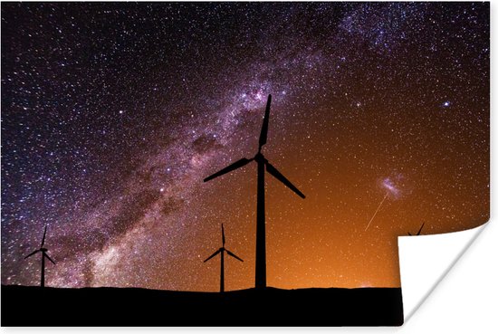 Poster Moulins à vent contre un beau ciel étoilé 180x120 cm - Tirage photo sur Poster (décoration murale salon / chambre) / Poster Paysages XXL / Groot format!