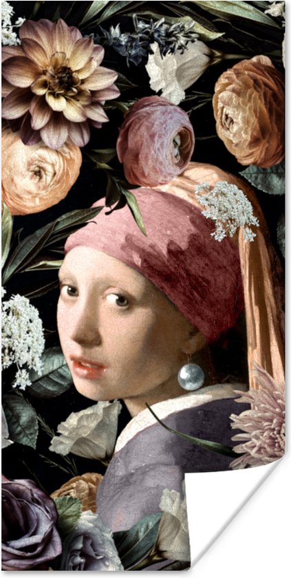 Poster Meisje met de parel - Bloemen - Vermeer - Pastel - Kunstwerk - Schilderij - Oude meesters - 20x40 cm