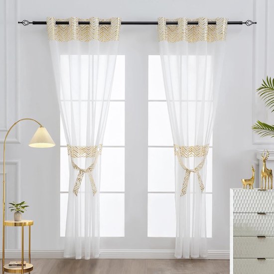 Gordijnen wit woonkamer gordijn modern gordijn met ogen set van 2 gordijnen linnenlook transparant sjaals met patroon gordijn lang (H 225 x B 140 cm, wit goud)