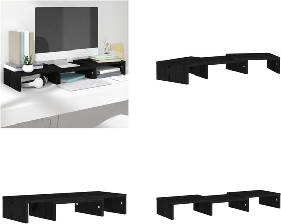 vidaXL Monitorstandaard 60x24x10-5 cm massief grenenhout zwart - Monitorstandaard - Monitorstandaards - Monitor Standaard - Computerstandaard