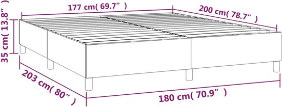 Zwart bedframe met afmetingen 203 x 180 x 35 cm.