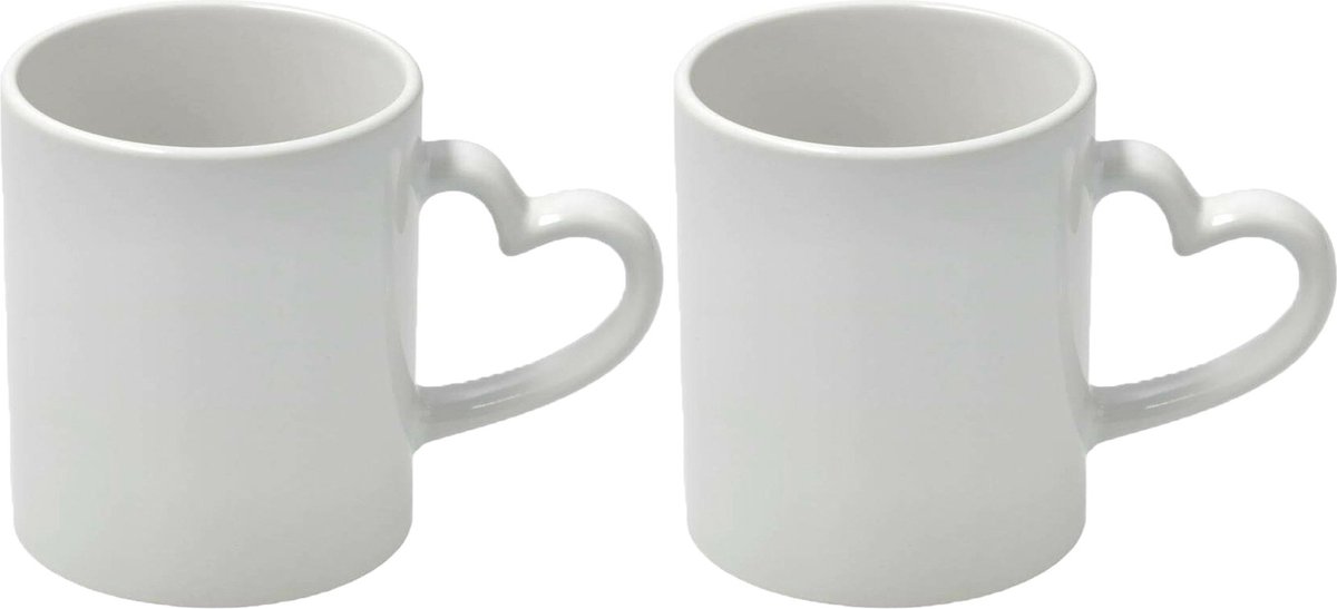 Koffiemok met handvat in hartvorm - 2x - wit - keramiek - 300 ml