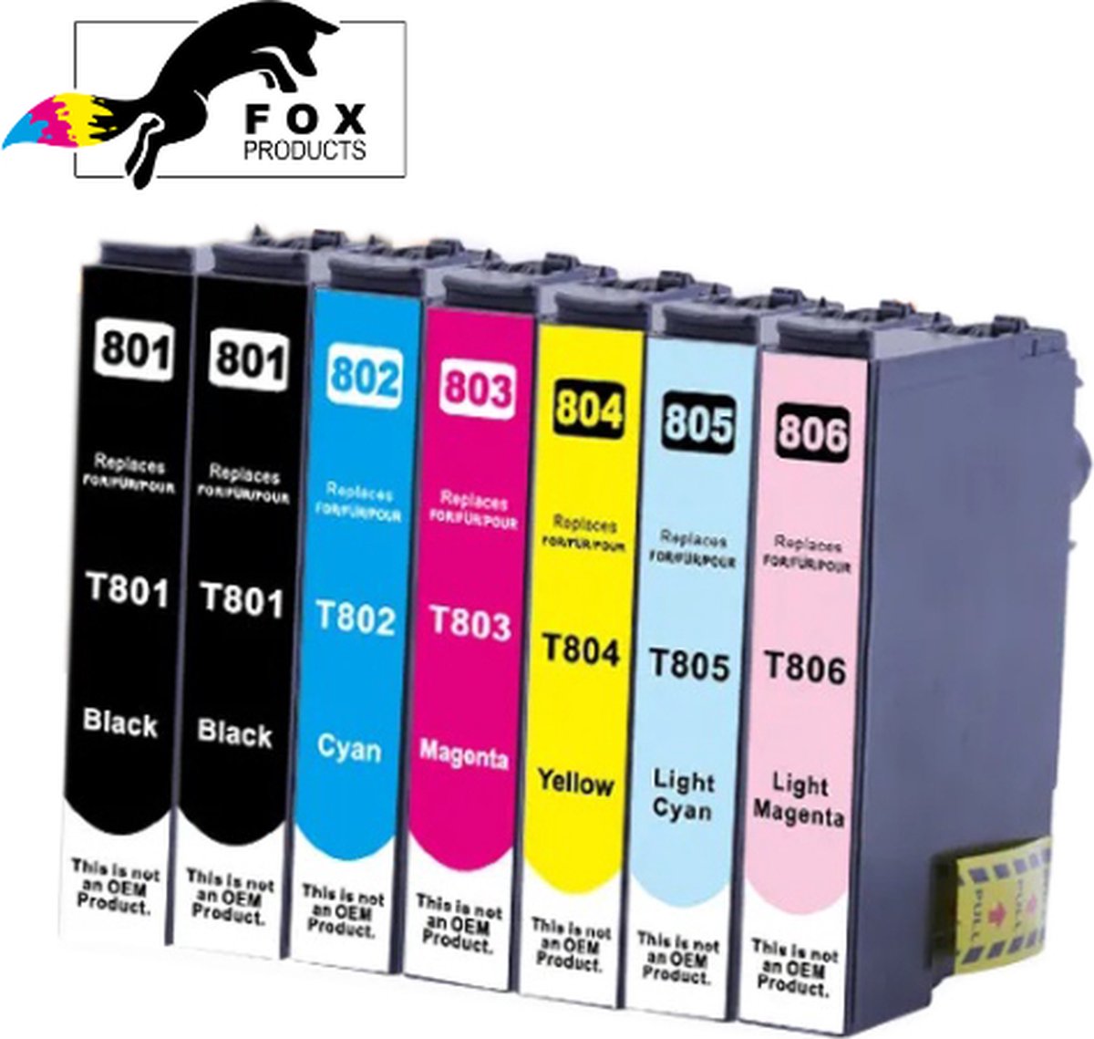 FoxProducts® T0801, T0802, T0803, T0804, T0805, T0806, T0807 - 7 cartridges geschikt voor Epson Stylus Photo P50, PX650, PX660, PX700 W, PX820 FWD, RX585, RX685, R265, RX595, PX830 FWD, RX560, PX810 FW, PX730, 0801 - 0802 - 0803 - 0804 - 0805 - 0807