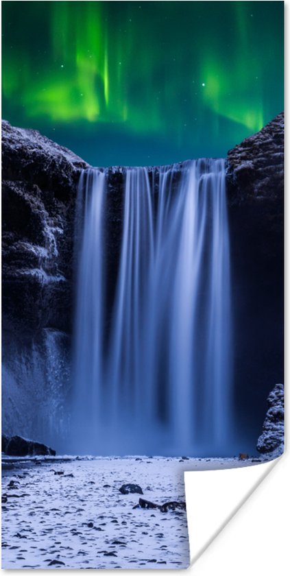 Poster Noorderlicht - Waterval - Sneeuw - IJsland - 40x80 cm