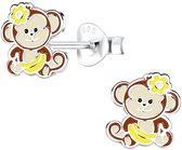 Joy|S - Zilveren aap oorbellen - 7 x 8 mm - met bloemetje en bananen - oorknoppen - kinderoorbellen