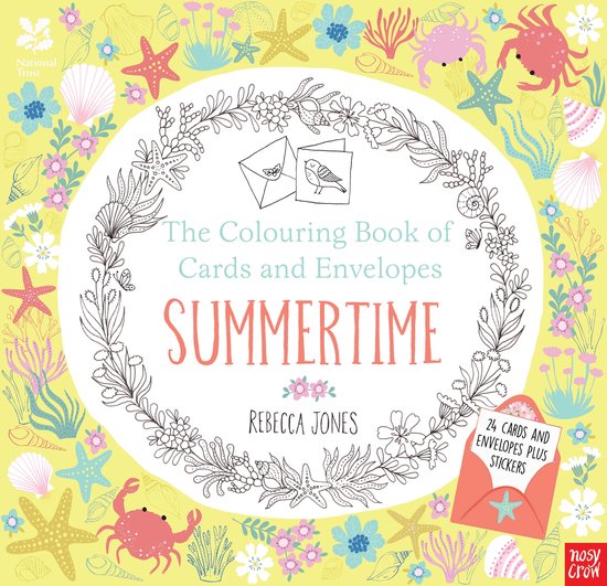 Couverture de The Colouring Book of Cards and Envelopes Summertime par Rebecca Jones. Un cadre jaune avec des animaux marins estivaux, des coquillages et des plantes.