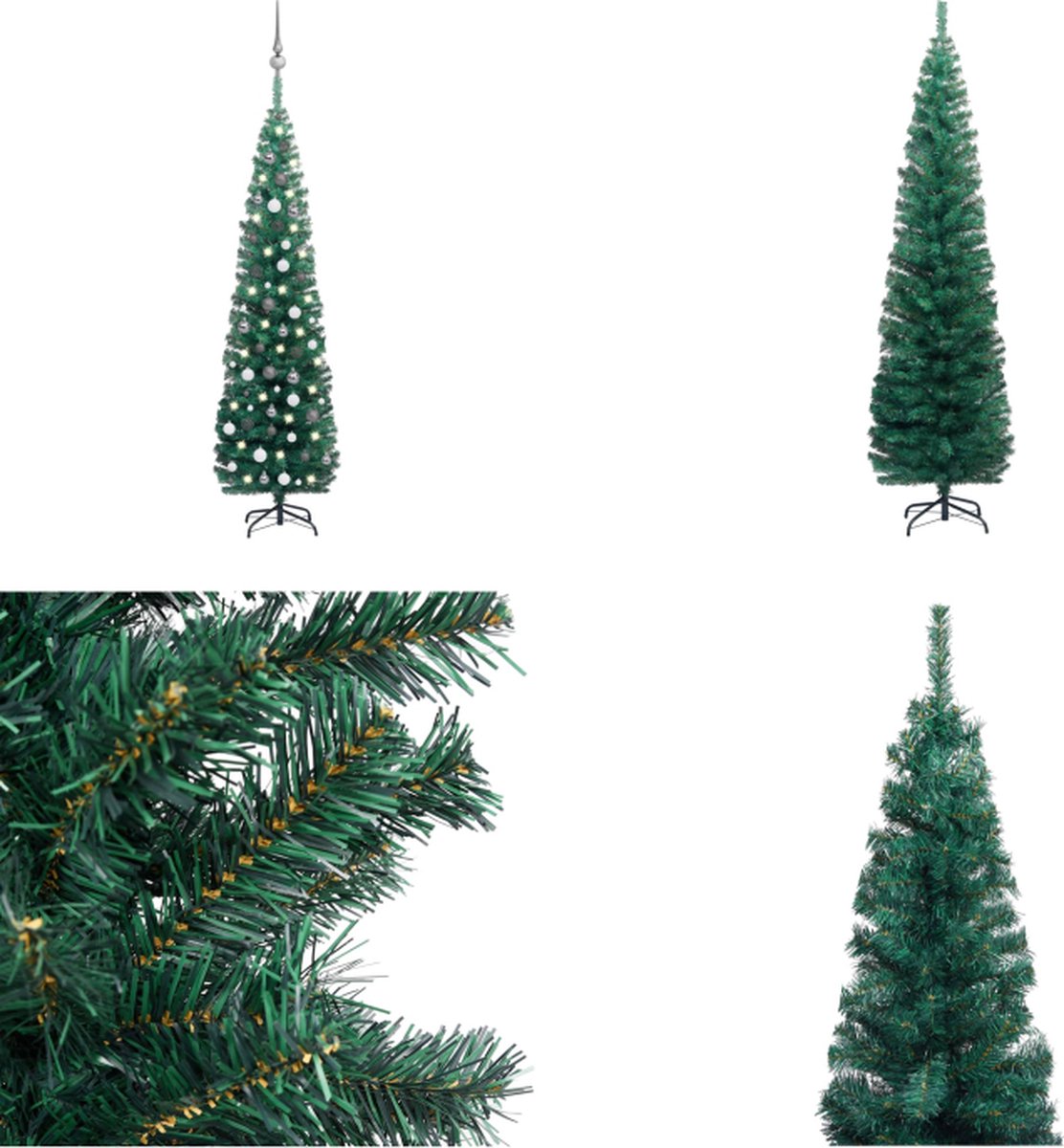 vidaXL Kunstkerstboom met LED's en kerstballen smal 210 cm groen - Kunstkerstboom - Kunstkerstbomen - Kerstboom - Kerstdecoratie