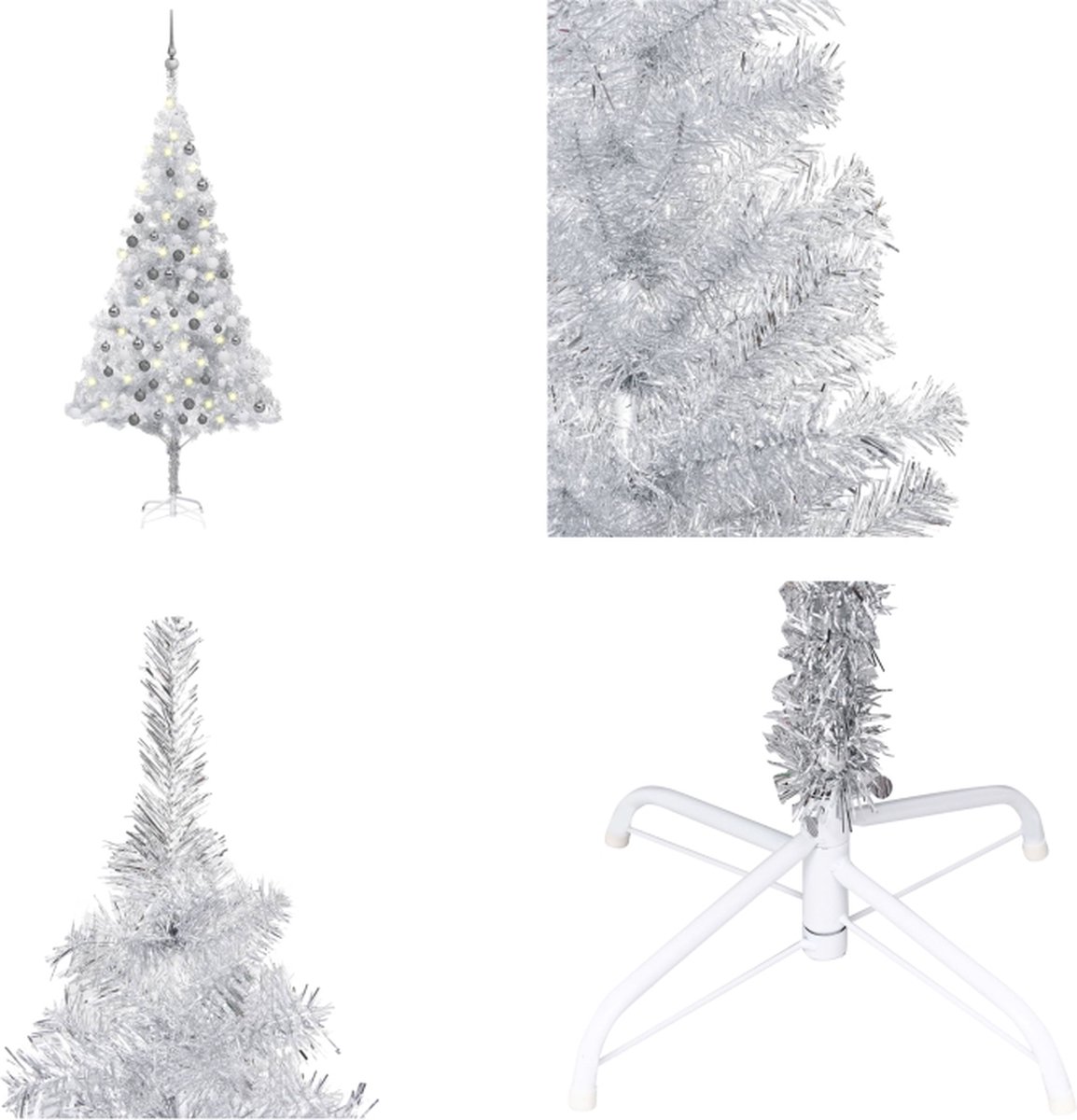 vidaXL Kunstkerstboom met LED's en kerstballen 180 cm PET zilverkleur - Kunstkerstboom - Kunstkerstbomen - Kerstboom - Kerstdecoratie