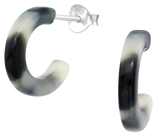 Joy|S - Zilveren 14 mm oorbellen - oorringen stud - zwart wit