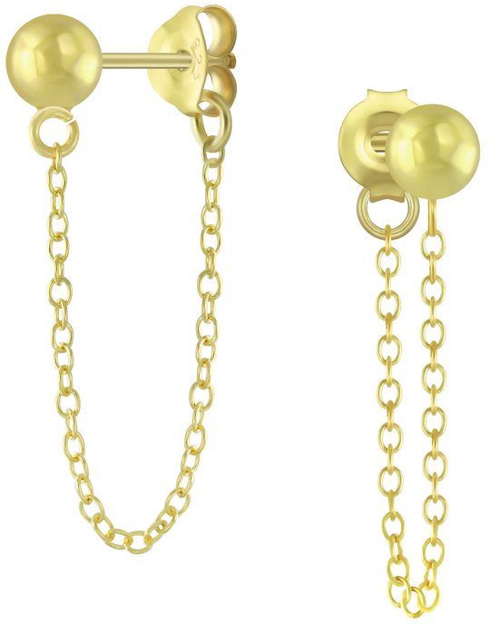 Joy|S - Zilveren bal met kettinkje oorbellen - oorknoppen - 14k goudplating