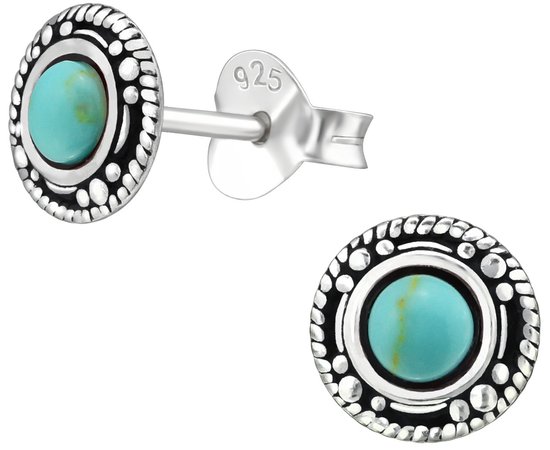 Joy|S - Zilveren Bali classic rond oorbellen - 7 mm - turquoise - geoxideerd - oorknoppen