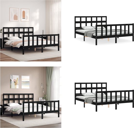 vidaXL Bedframe met hoofdbord massief hout zwart 5FT King Size - Bedframe - Bedframes - Bed - Tweepersoonsbed
