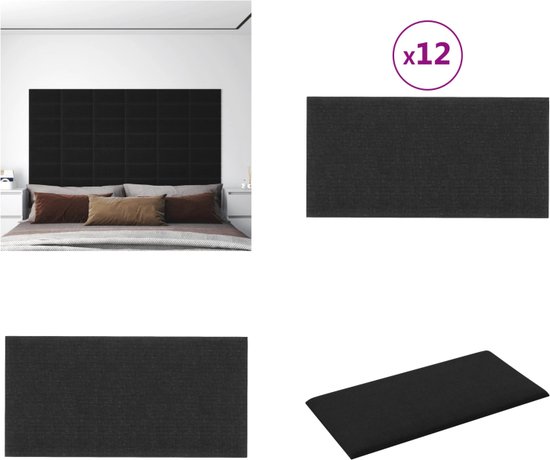 vidaXL Wandpanelen 12 st 0-54 m² 30x15 cm stof zwart - Wandpaneel - Wandpanelen - Wanddecoratie - Wandversiering