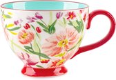 Tasses en céramique florale peintes à la main, grandes tasses de 15 oz pour le lait, le café, le cappuccino, le thé, le cacao, les flocons d'avoine du petit-déjeuner (fleur chantante rouge)