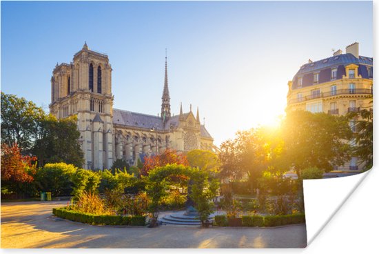 Notre Dame zonnige dag Poster 90x60 cm - Foto print op Poster (wanddecoratie woonkamer / slaapkamer) / Europa Poster