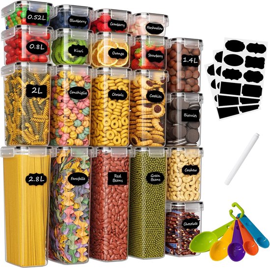 FreshKeeper Opslagset voor ontbijtgranen, luchtdichte voedselopslagcontainer met deksel, 4 liter, 4 stuks BPA-vrije plastic voorraadkast, organisatievussen voor rijst, graanmeel, suiker, droog voedsel