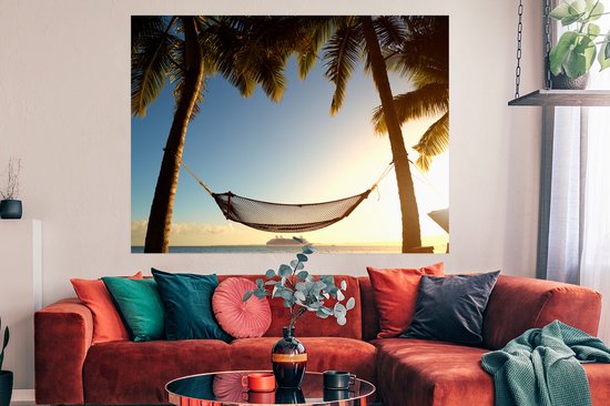Hamac suspendu entre les palmiers Poster 160x120 cm - Tirage photo sur Poster (décoration murale salon / chambre) XXL / Grand format! / Mer et plage