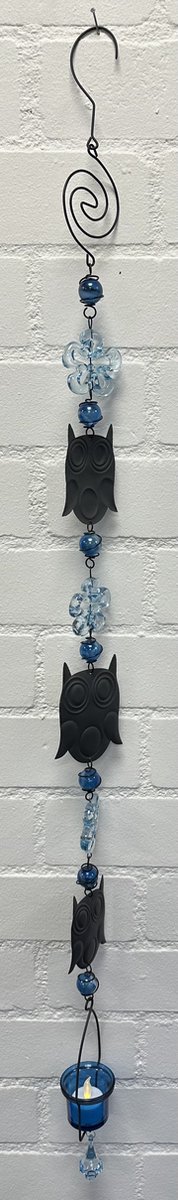 Deco theelichthouder "bloem + uilen" met metalen ketting - zwarte ketting & donker blauwe glazen stenen - lengte 120 cm - exclusief theelicht - Woondecoratie - Theelichthouder - Woonaccessoires