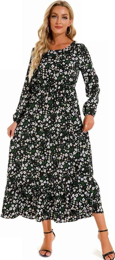Beeldige lange maxi jurk met bloemen - groen - maat L