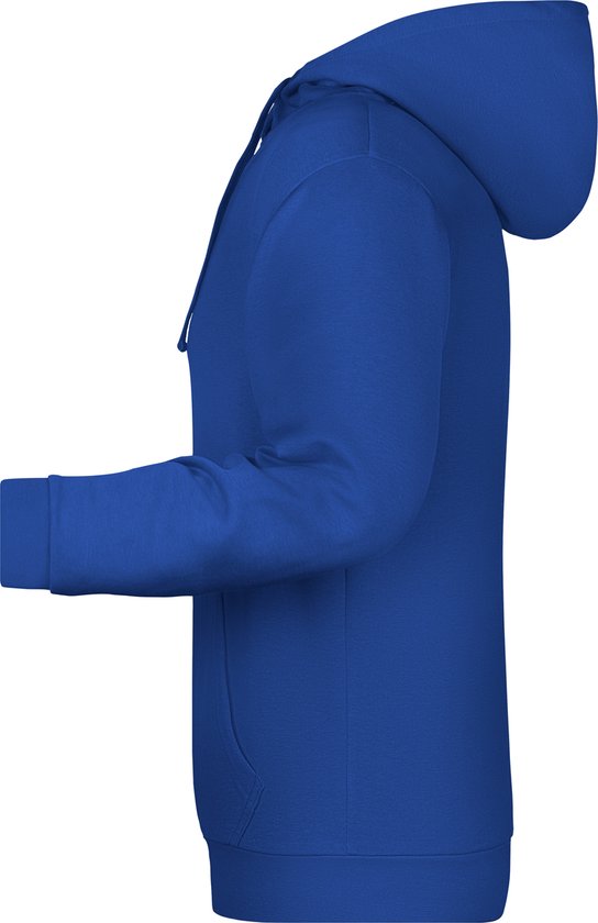 Donker koninklijkblauwe hoodie, zijaanzicht met capuchon en kangoeroezak.
