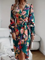 Prachtige elegante tuniek jurk met pofmouwen donkergroen met bloemen maat M