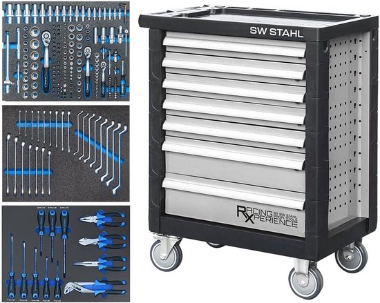 Assortiment de chariots d'atelier SW-Stahl Z3703 I argent I équipé de 207 pièces I chariot d'atelier chariot à outils rempli I armoire à outils paroi perforée I coffret à outils I chariot d'atelier en métal I outils automobiles