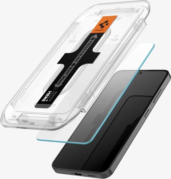 Aide à l'installation Spigen pour un téléphone, avec un protecteur d'écran en verre et un téléphone.