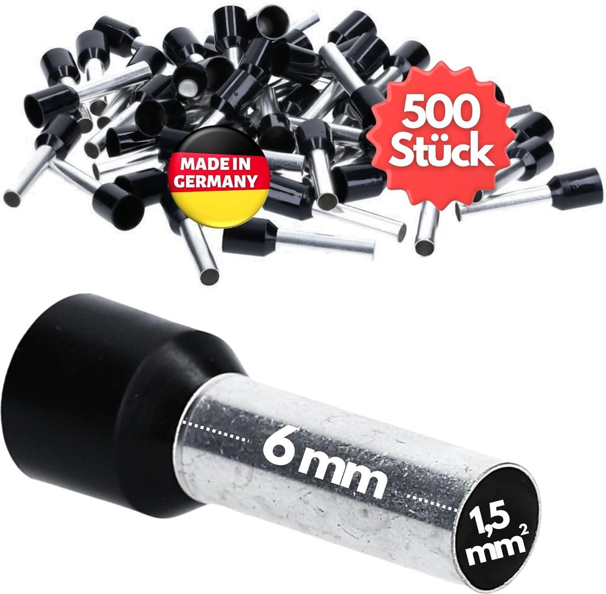 500 stuks Kalitec AE1506SW adereindhulzen geïsoleerd 1,5 mm² 6 mm lang zwart I Made in Germany I Industriële kwaliteit