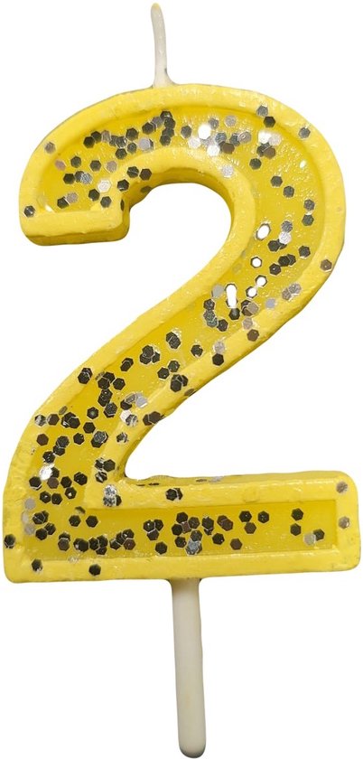Bougie à gâteau pour 2 ans - Jaune / Glitter - Bougie numéro - Bougie à gâteau - anniversaire - Bougie numéro - Bougie d'anniversaire - Numéro de gâteau - 2 ans