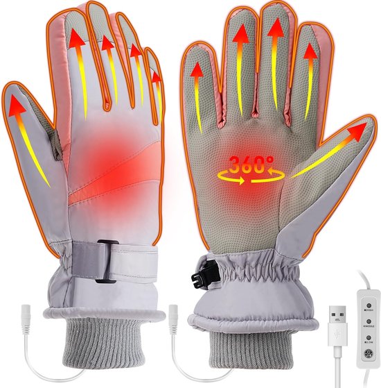 USB verwarmde handschoenen thermo - Grijs/roze - 3 warmte standen - Warme winterhandschoenen - Touchscreen, waterdicht, winddicht, antislip - Verwarming